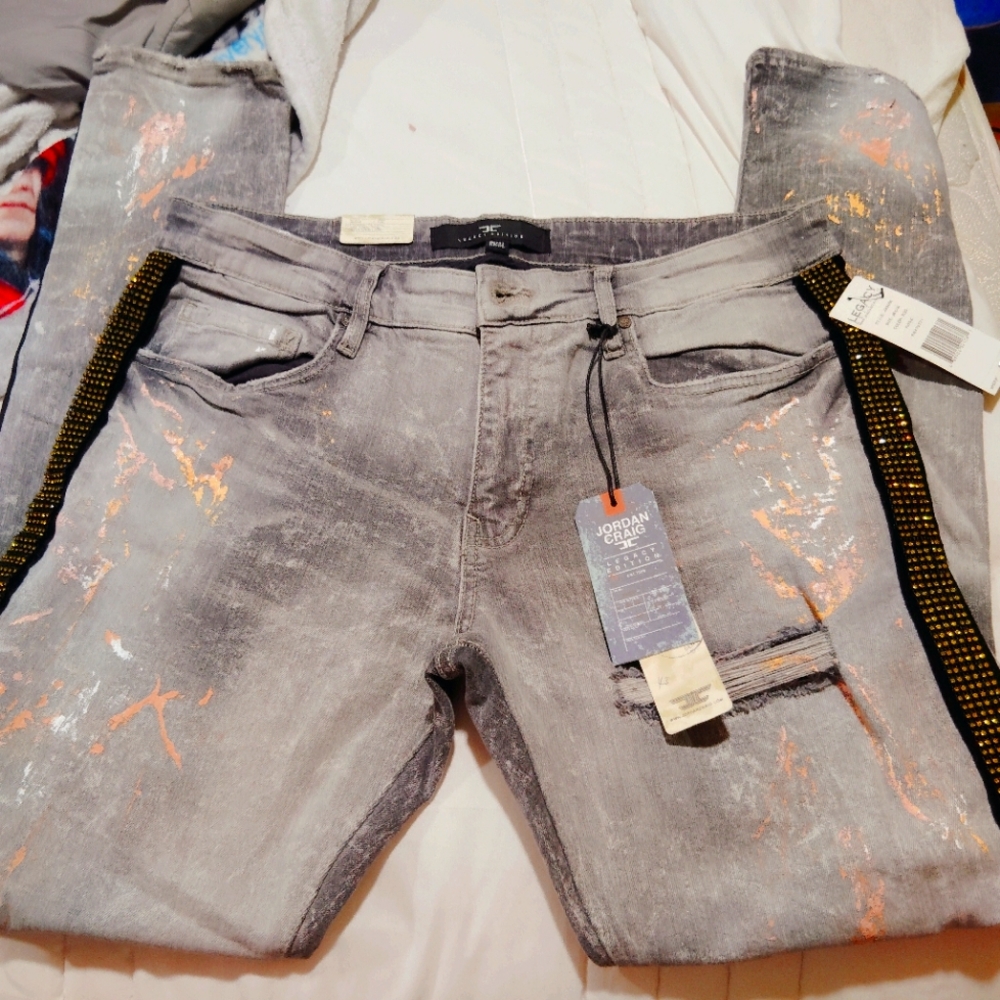 Jordan Craig Distressed Gray Jeans with yellow Rhinestone Sz 36/32